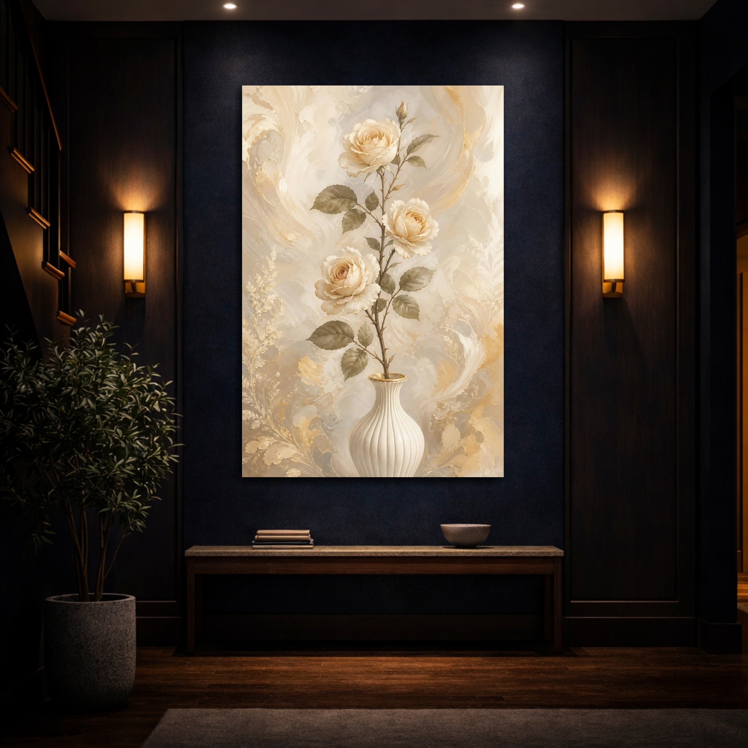 Mockup 4. Floral Cream Roses Cream Gold Floral shown as stretched canvas wall art