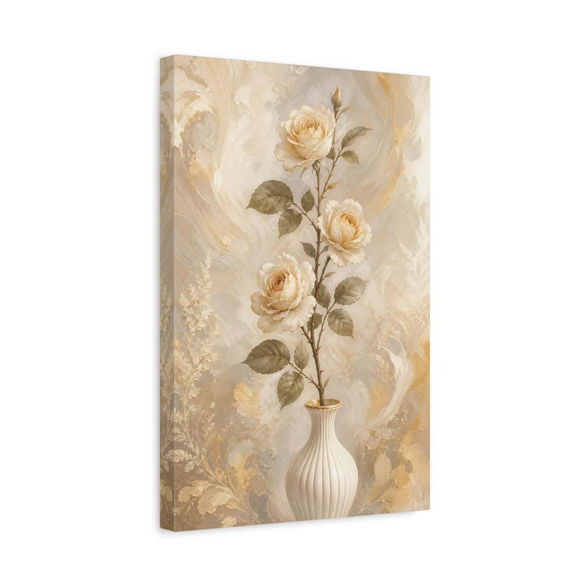 Side Mockup 4. Floral Cream Roses Cream Gold Floral shown as stretched canvas wall art