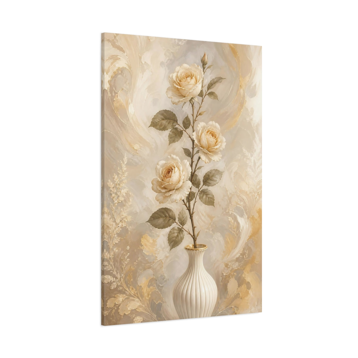 Side Mockup 1. Floral Cream Roses Cream Gold Floral shown as stretched canvas wall art