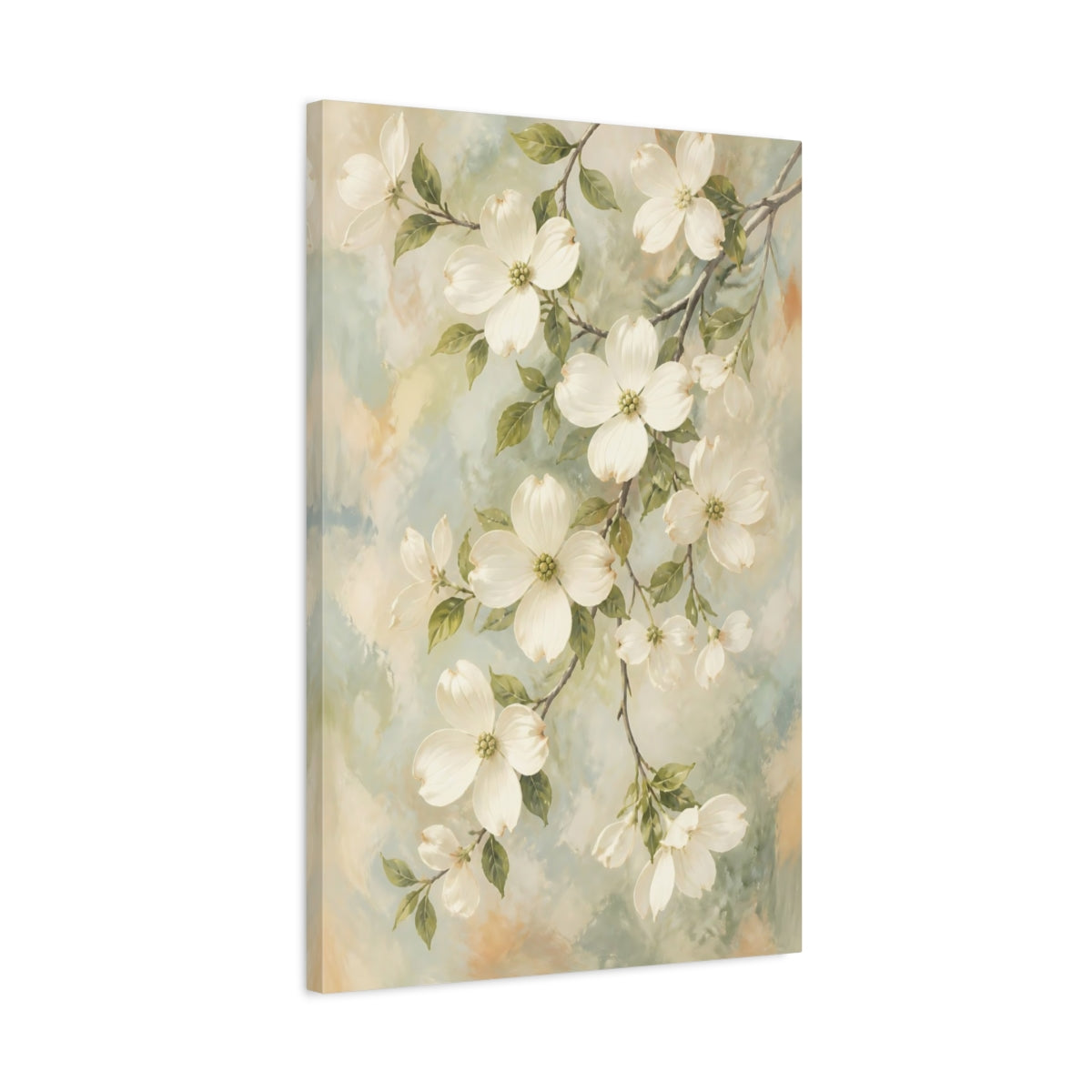 Side Mockup 2. Floral Dogwood Flowers Pastel Dogwood Flowers shown as stretched canvas wall art