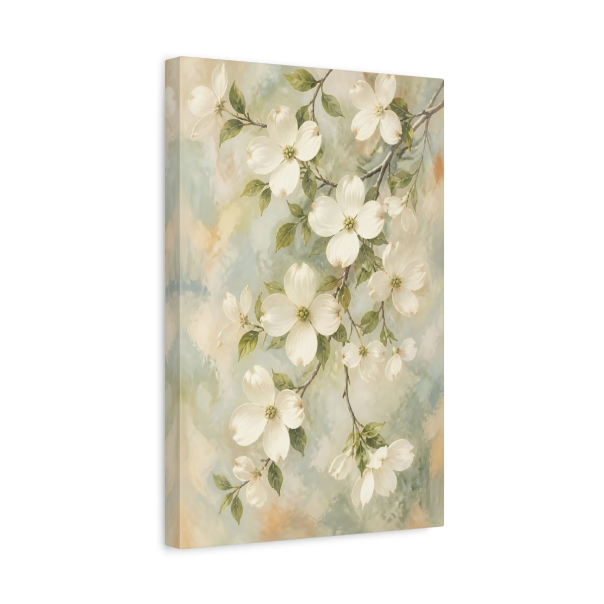 Side Mockup 4. Floral Dogwood Flowers Pastel Dogwood Flowers shown as stretched canvas wall art