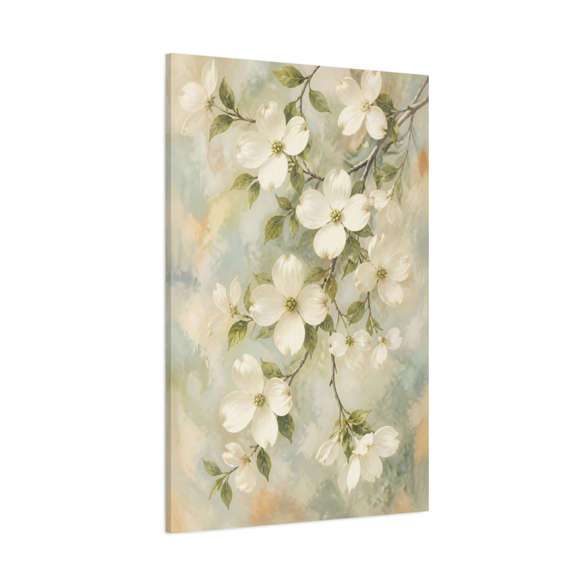 Side Mockup 1. Floral Dogwood Flowers Pastel Dogwood Flowers shown as stretched canvas wall art