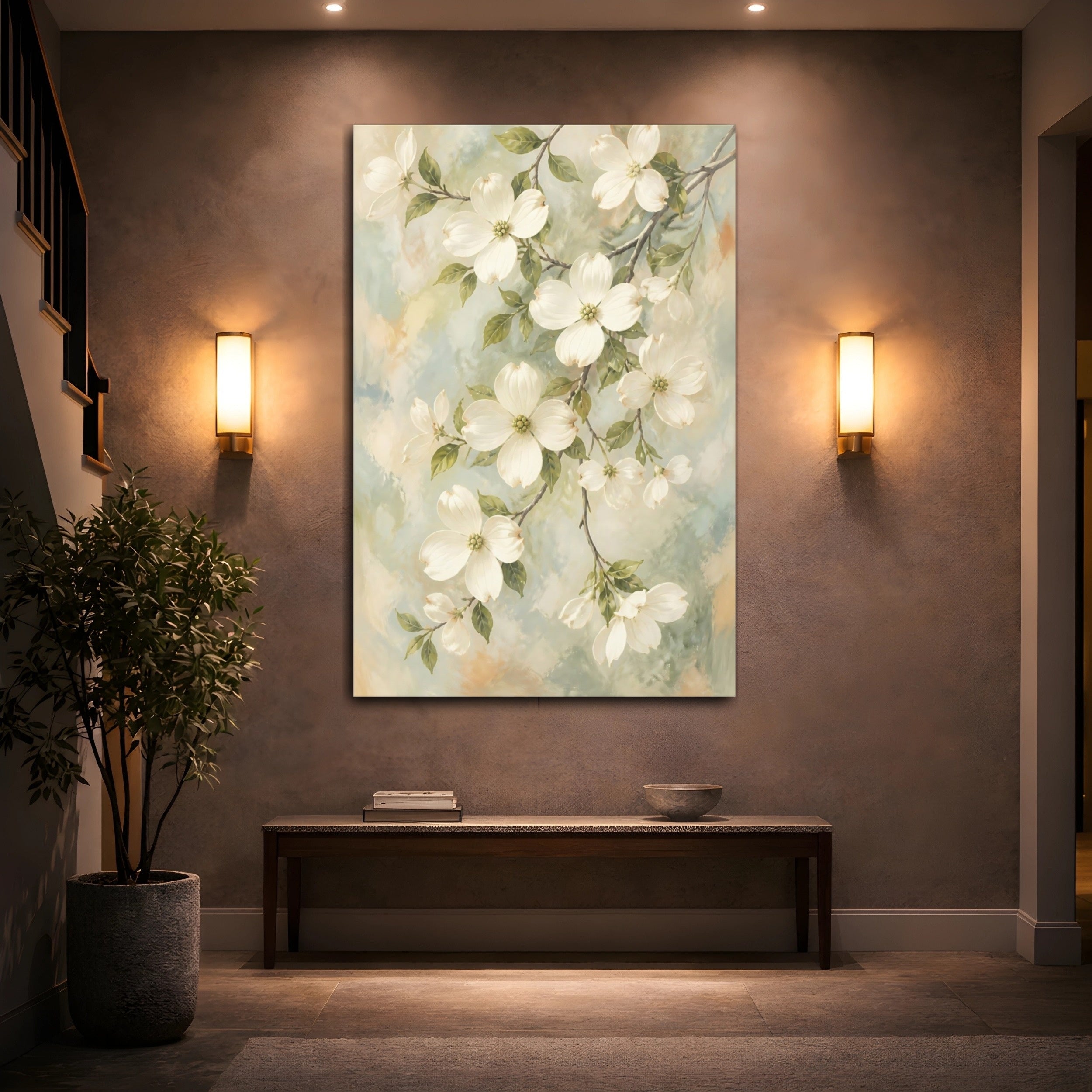 Mockup 2. Floral Dogwood Flowers Pastel Dogwood Flowers shown as stretched canvas wall art