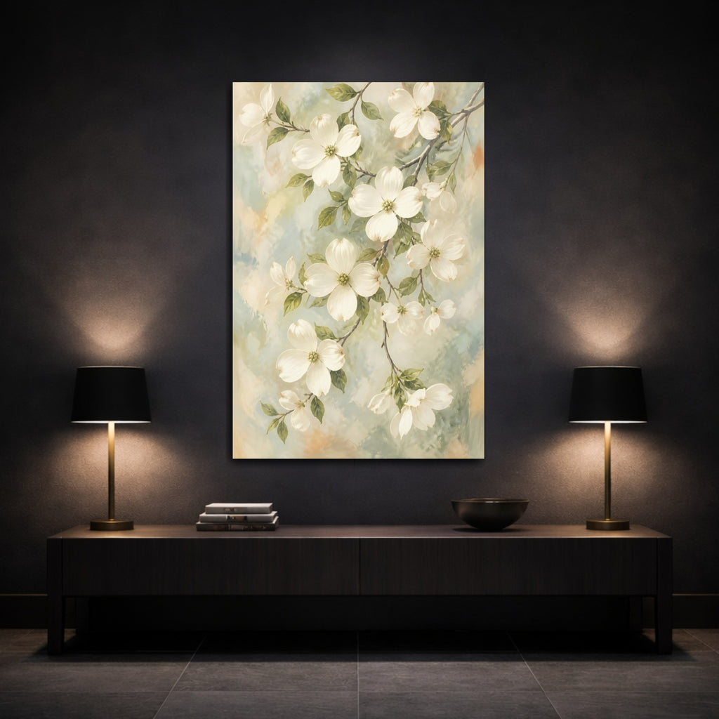 Mockup 3. Floral Dogwood Flowers Pastel Dogwood Flowers shown as stretched canvas wall art