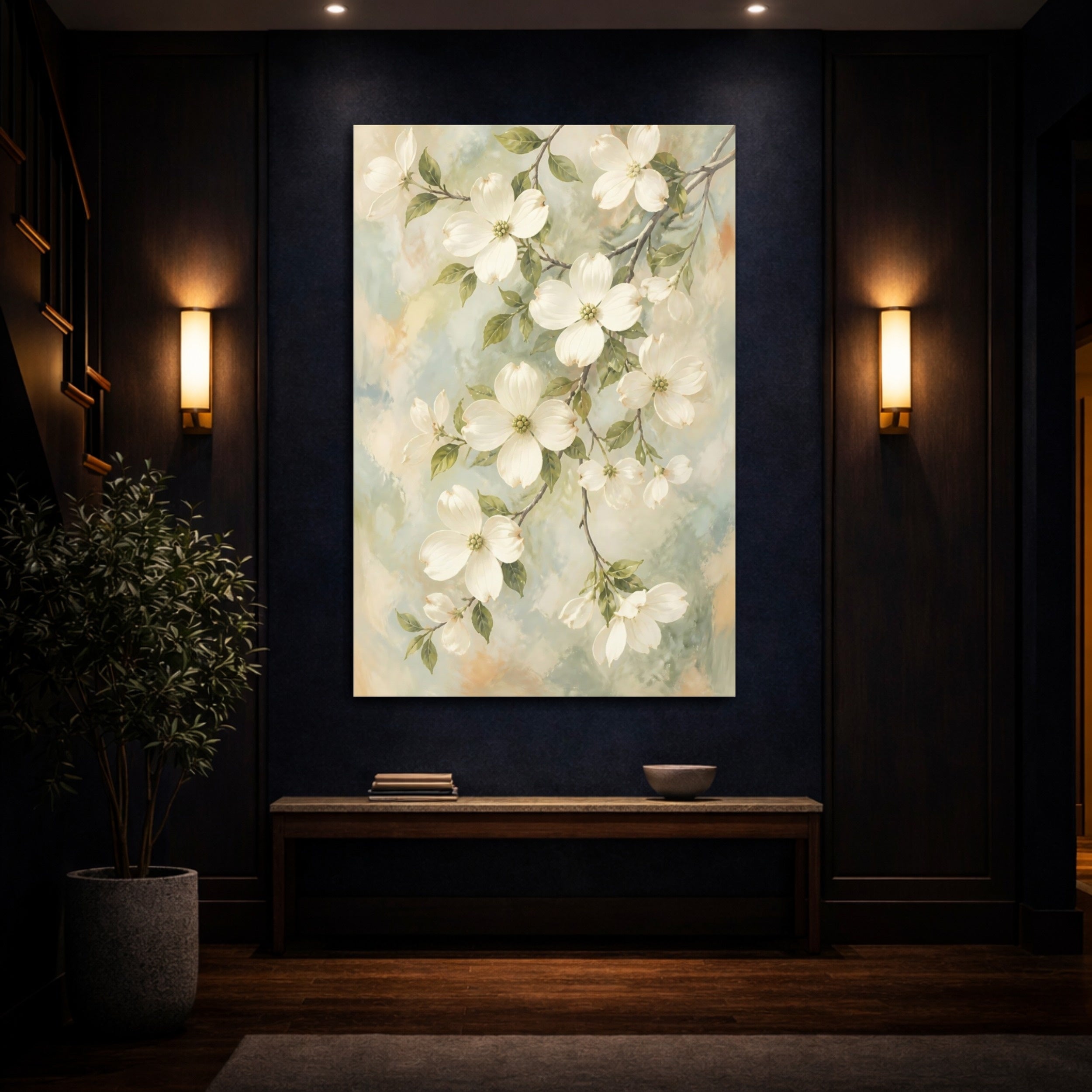 Mockup 4. Floral Dogwood Flowers Pastel Dogwood Flowers shown as stretched canvas wall art