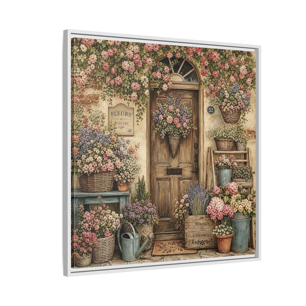 Side Mockup 7. Floral Floral Doorway Cottage Floral Door shown as stretched canvas wall art
