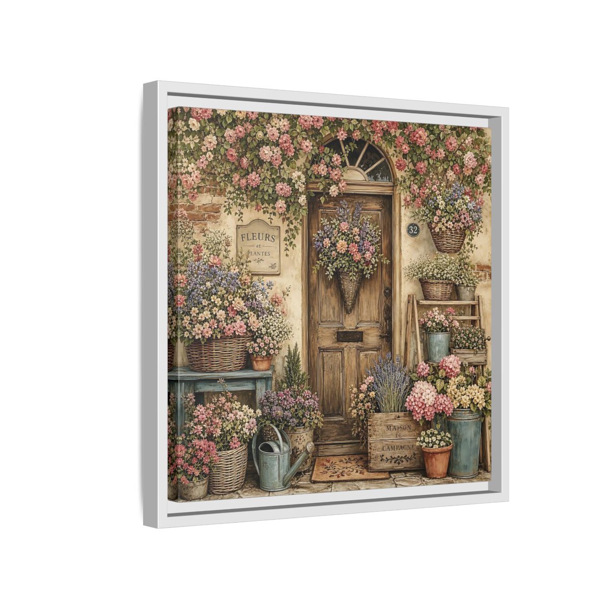 Side Mockup 13. Floral Floral Doorway Cottage Floral Door shown as stretched canvas wall art
