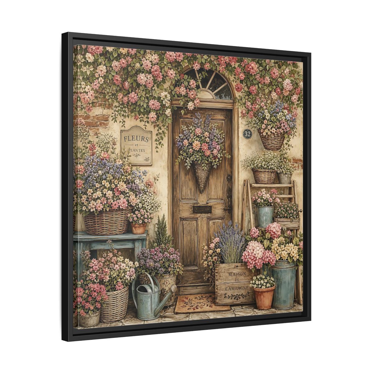 Side Mockup 31. Floral Floral Doorway Cottage Floral Door shown as stretched canvas wall art