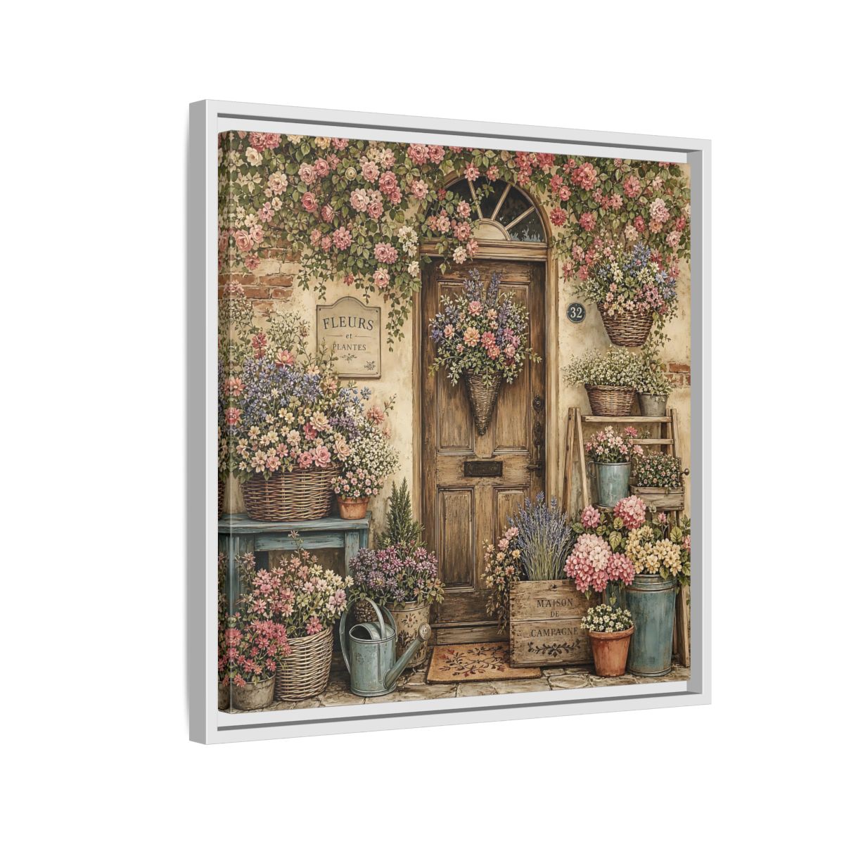 Side Mockup 10. Floral Floral Doorway Cottage Floral Door shown as stretched canvas wall art