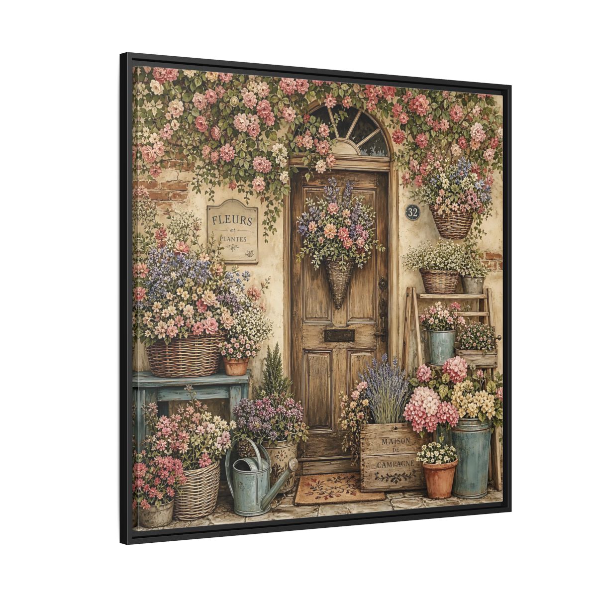 Side Mockup 6. Floral Floral Doorway Cottage Floral Door shown as stretched canvas wall art