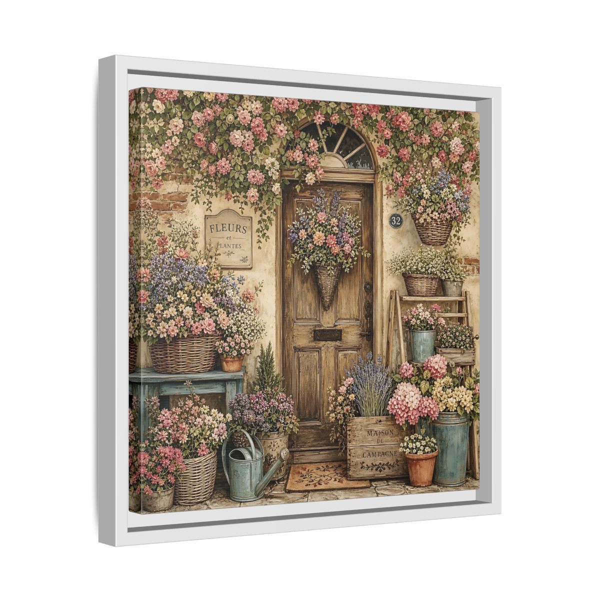 Side Mockup 28. Floral Floral Doorway Cottage Floral Door shown as stretched canvas wall art