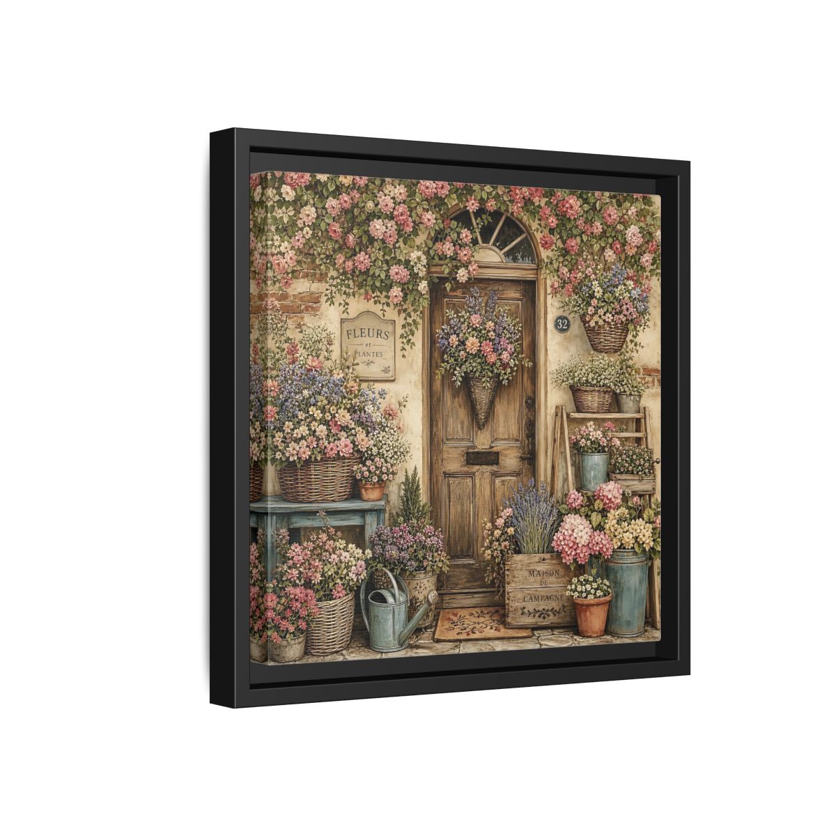 Side Mockup 18. Floral Floral Doorway Cottage Floral Door shown as stretched canvas wall art