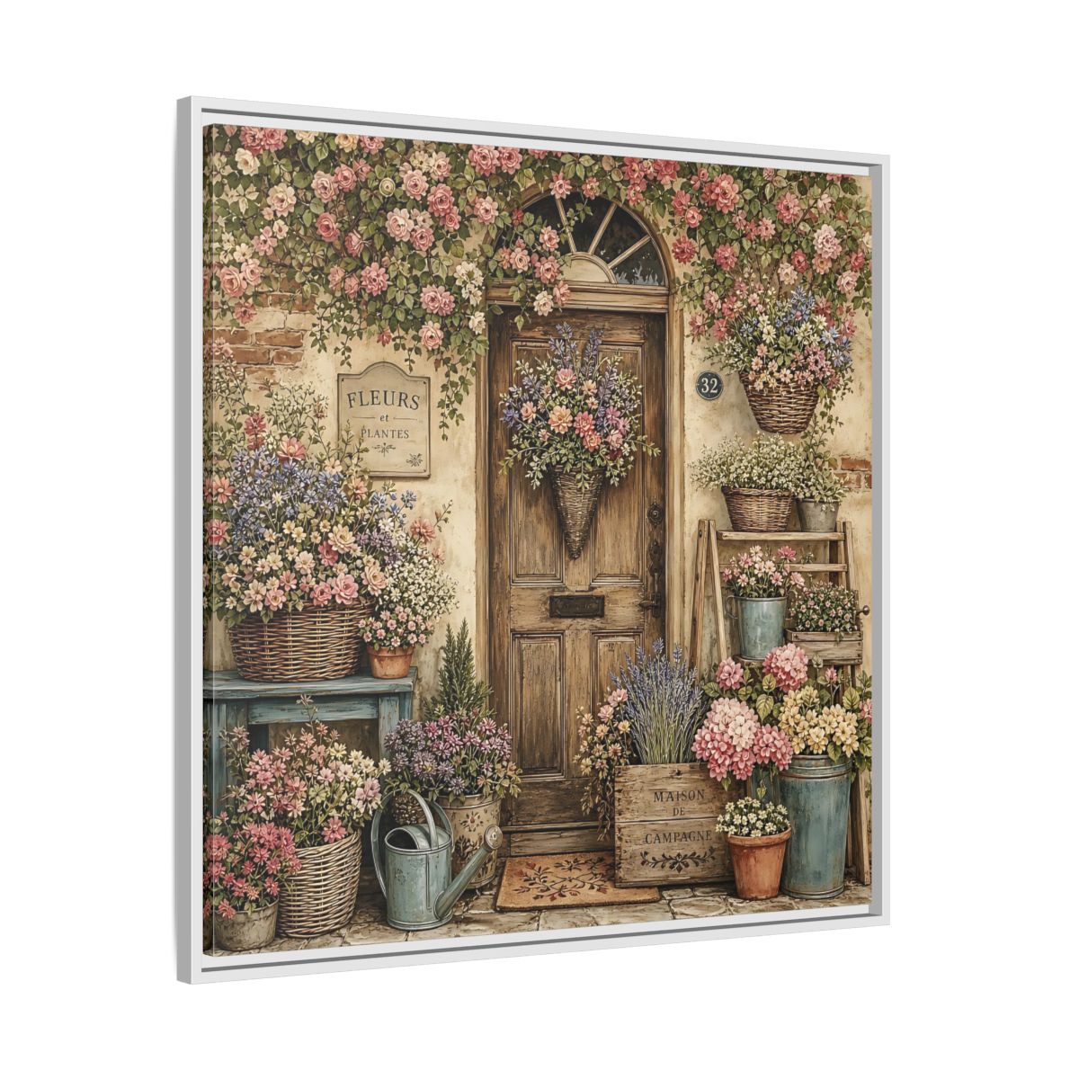 Side Mockup 25. Floral Floral Doorway Cottage Floral Door shown as stretched canvas wall art