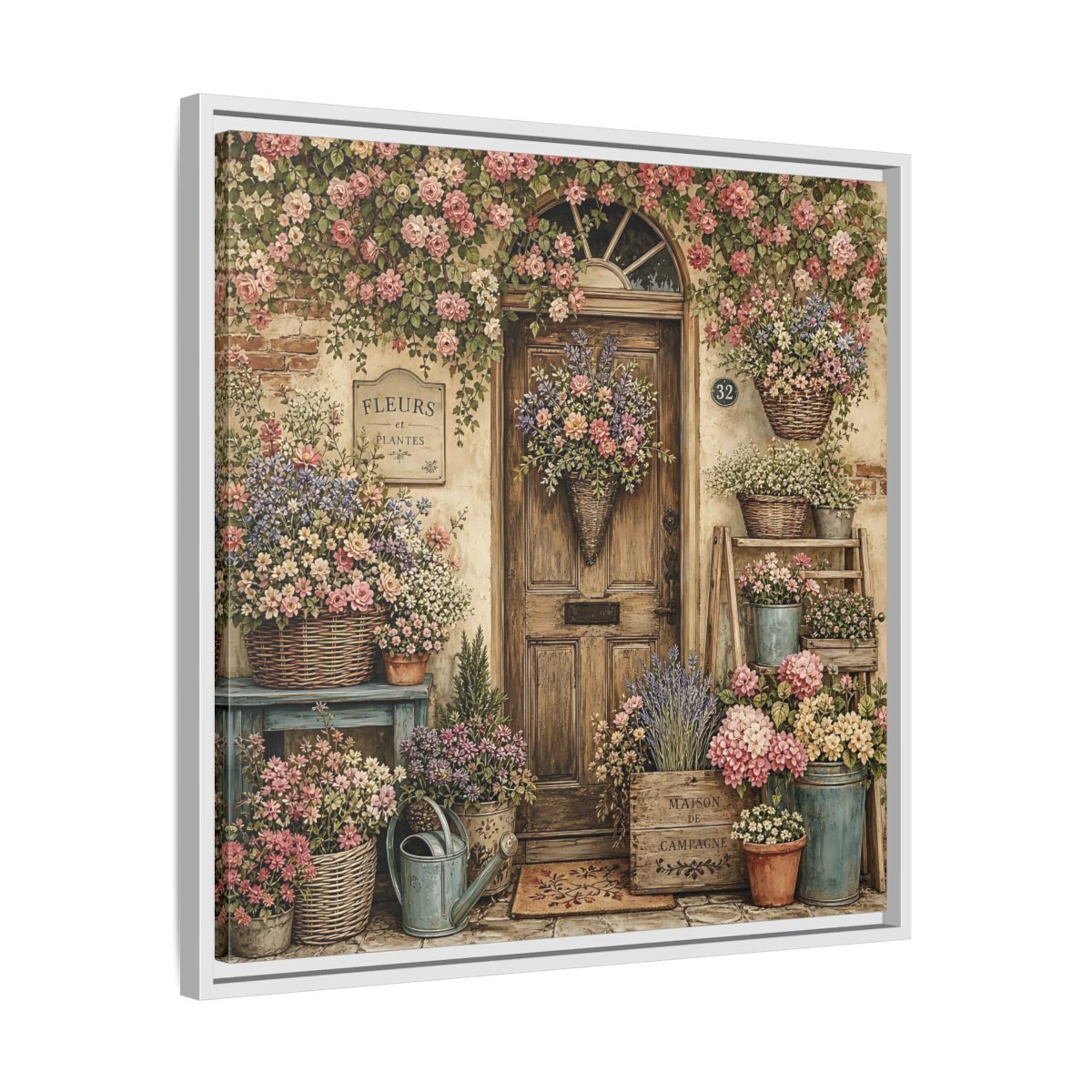 Side Mockup 26. Floral Floral Doorway Cottage Floral Door shown as stretched canvas wall art