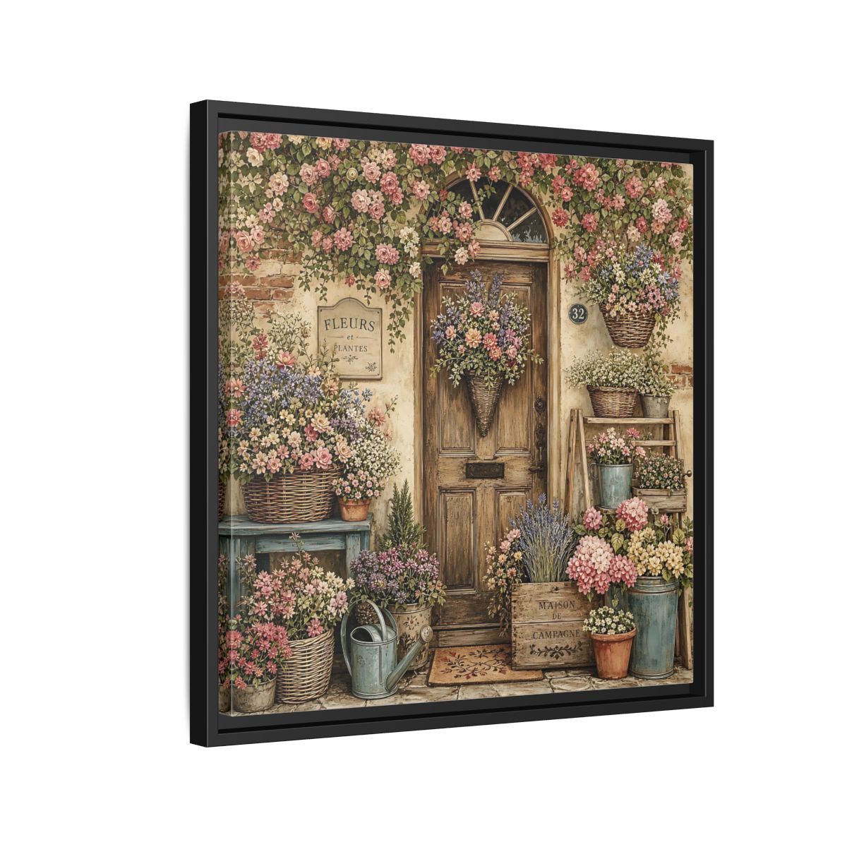 Side Mockup 12. Floral Floral Doorway Cottage Floral Door shown as stretched canvas wall art
