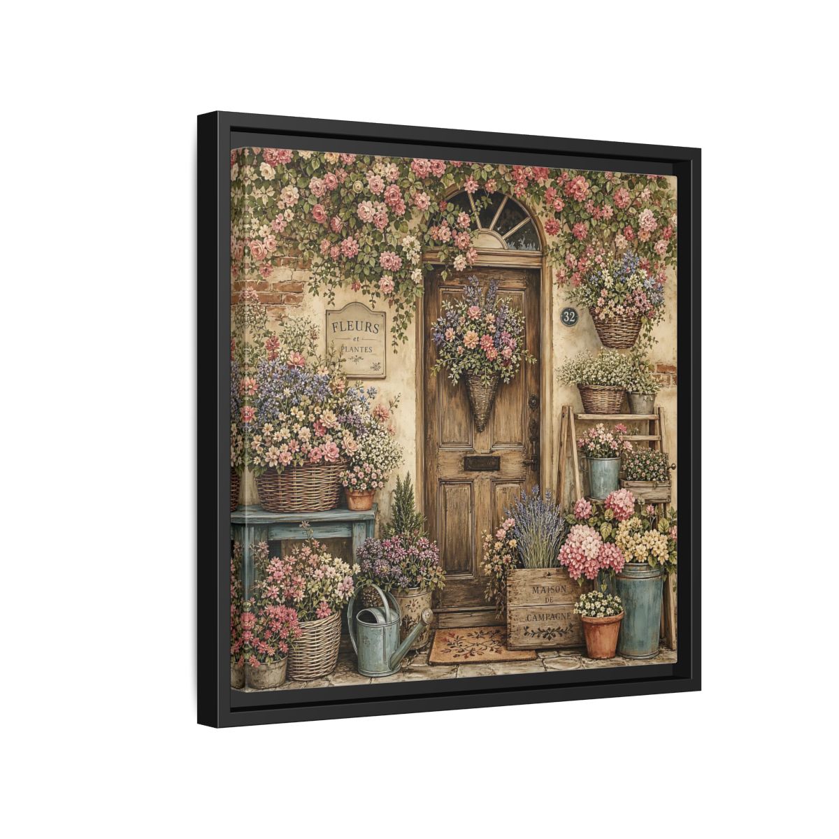 Side Mockup 15. Floral Floral Doorway Cottage Floral Door shown as stretched canvas wall art