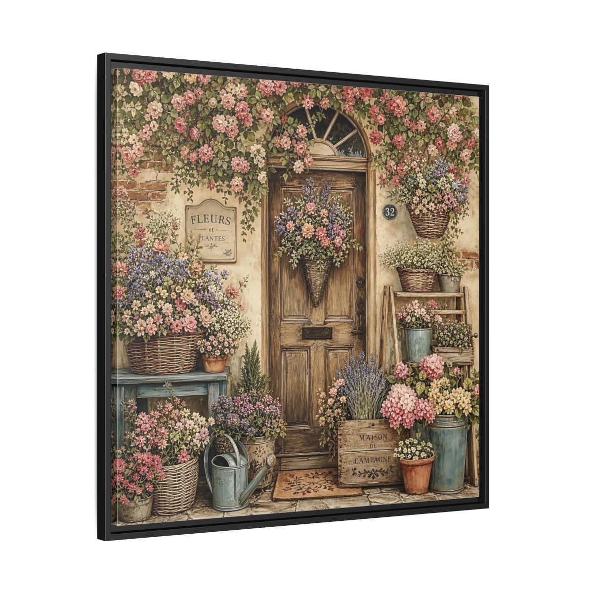 Side Mockup 30. Floral Floral Doorway Cottage Floral Door shown as stretched canvas wall art