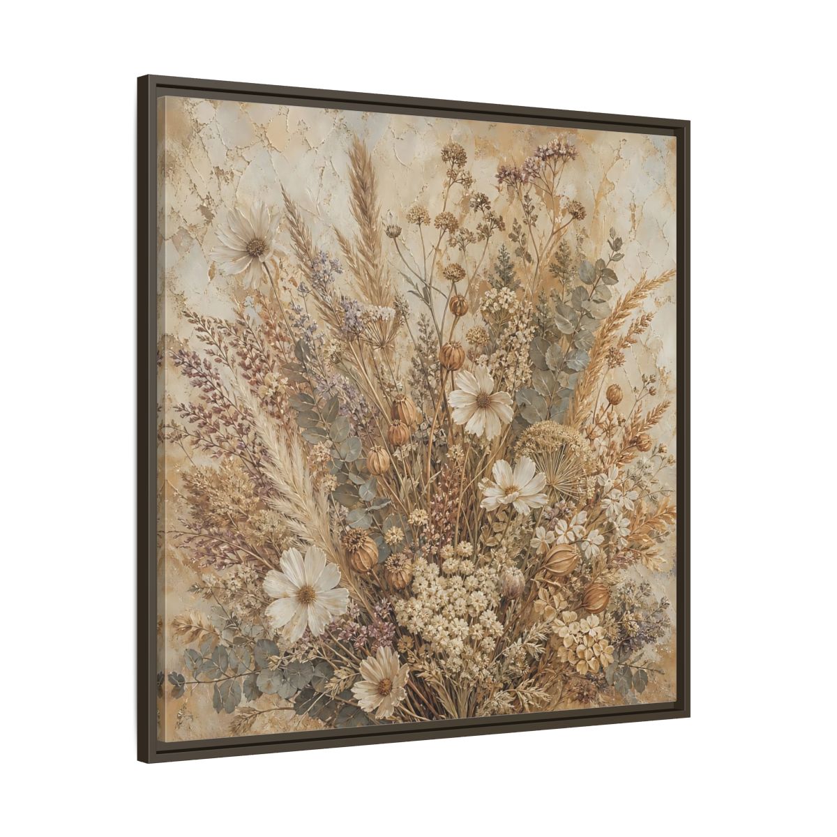 Main Mockup. Floral Dried Flowers Brown And Beige shown as stretched canvas wall art