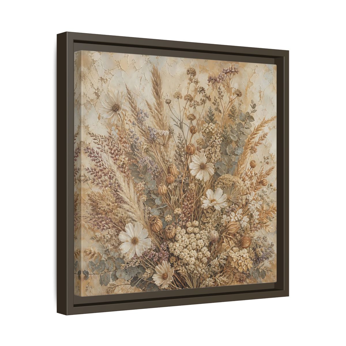 Side Mockup 29. Floral Dried Flowers Brown And Beige shown as stretched canvas wall art