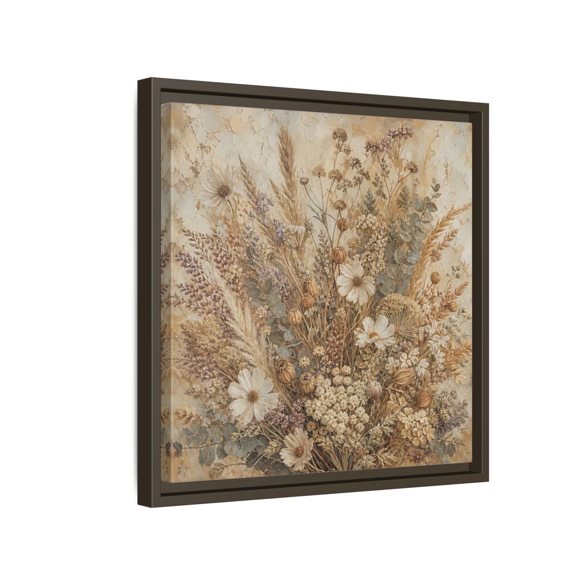 Side Mockup 14. Floral Dried Flowers Brown And Beige shown as stretched canvas wall art