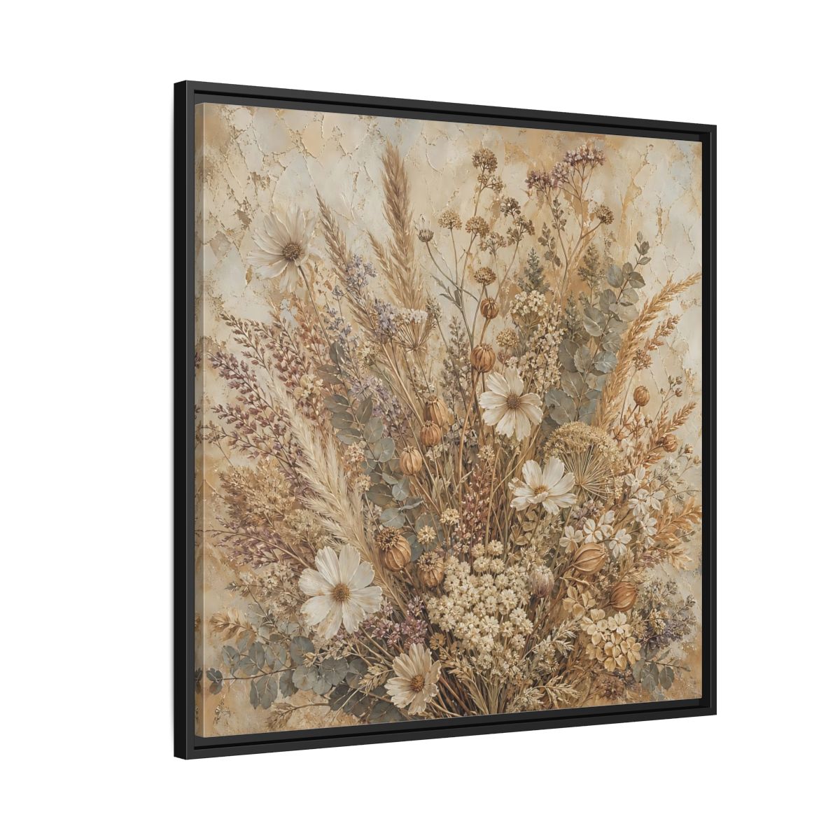 Side Mockup 9. Floral Dried Flowers Brown And Beige shown as stretched canvas wall art