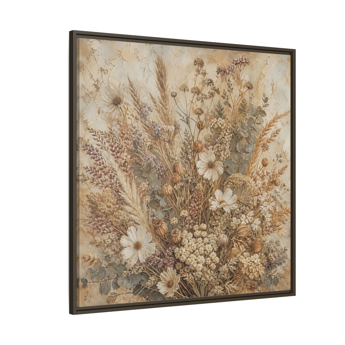Side Mockup 5. Floral Dried Flowers Brown And Beige shown as stretched canvas wall art