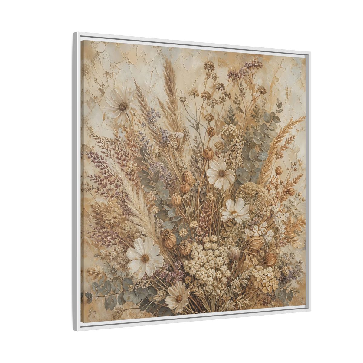 Side Mockup 4. Floral Dried Flowers Brown And Beige shown as stretched canvas wall art