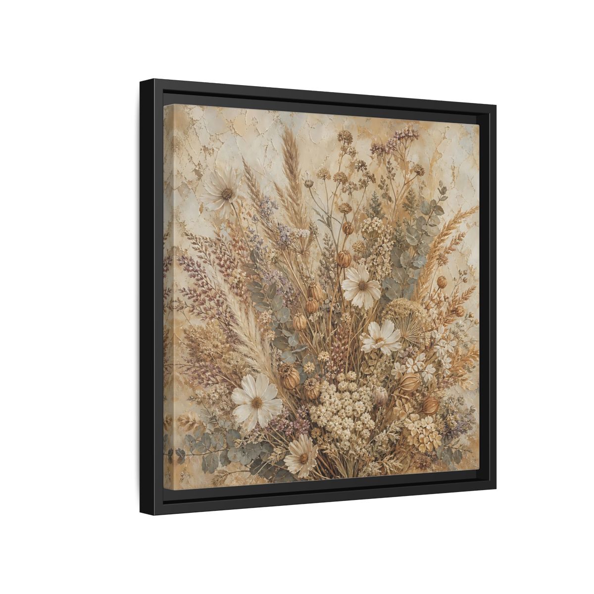Side Mockup 15. Floral Dried Flowers Brown And Beige shown as stretched canvas wall art