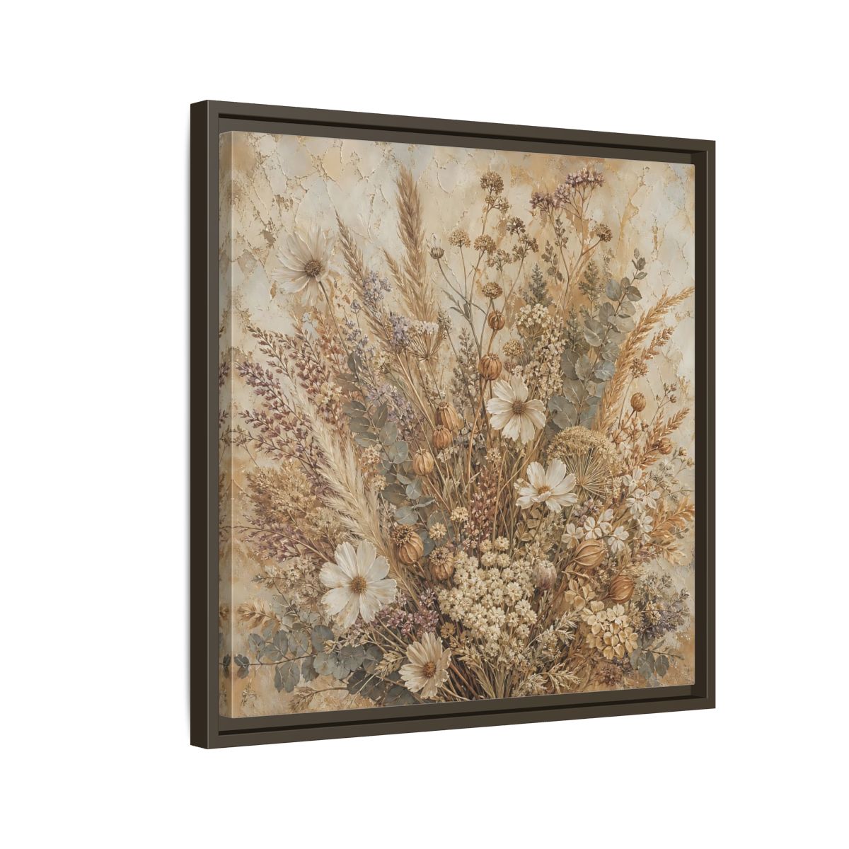 Side Mockup 11. Floral Dried Flowers Brown And Beige shown as stretched canvas wall art
