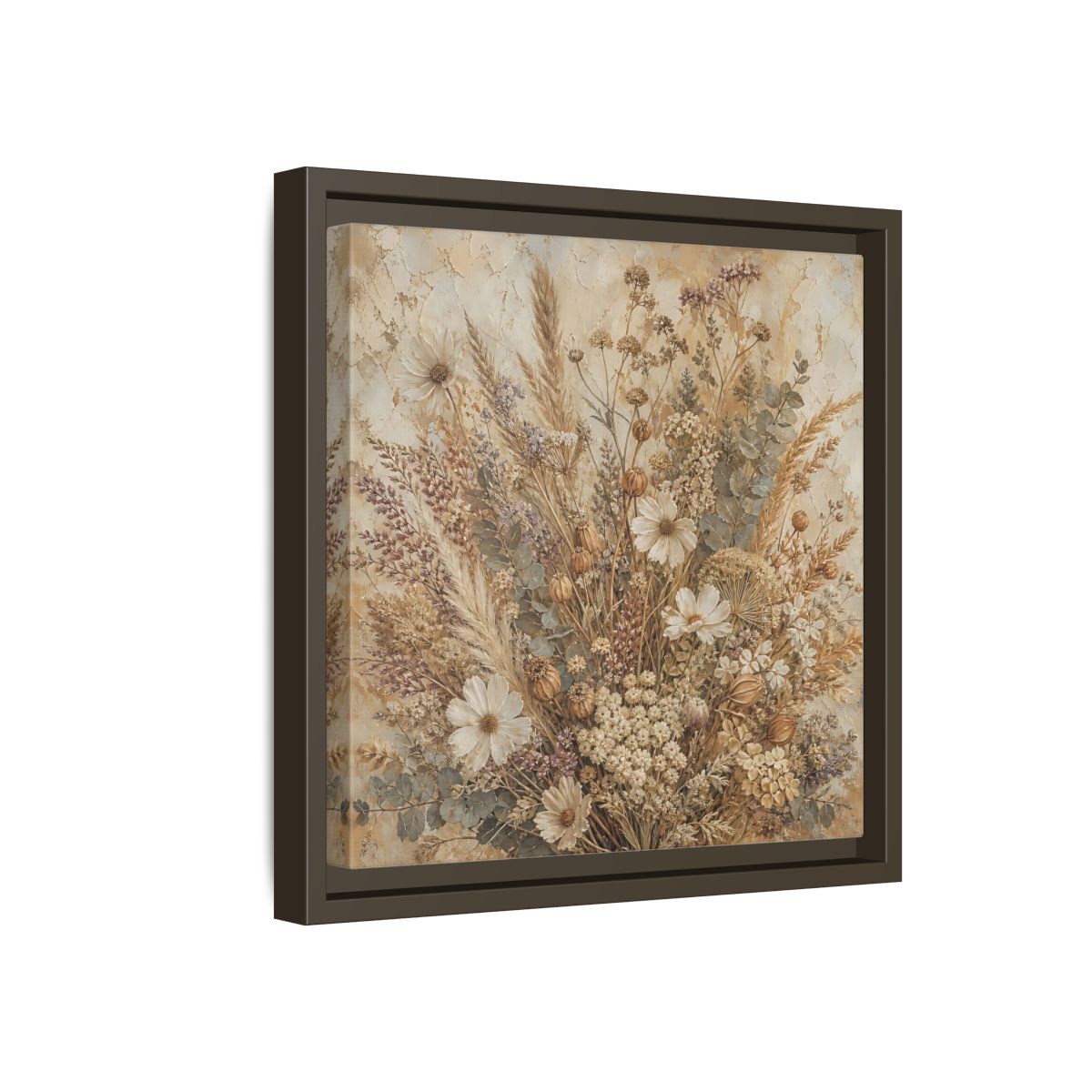 Side Mockup 17. Floral Dried Flowers Brown And Beige shown as stretched canvas wall art