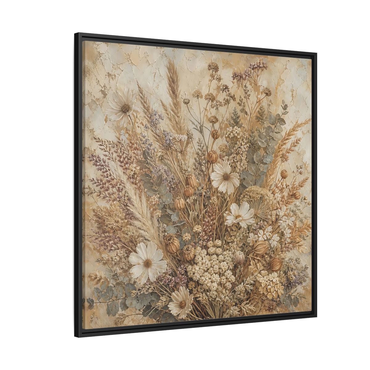 Side Mockup 6. Floral Dried Flowers Brown And Beige shown as stretched canvas wall art