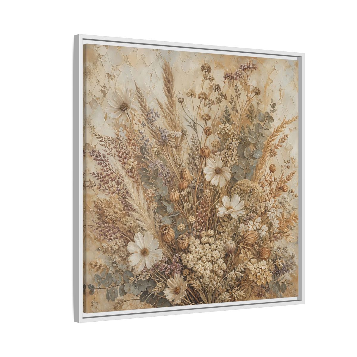 Side Mockup 7. Floral Dried Flowers Brown And Beige shown as stretched canvas wall art