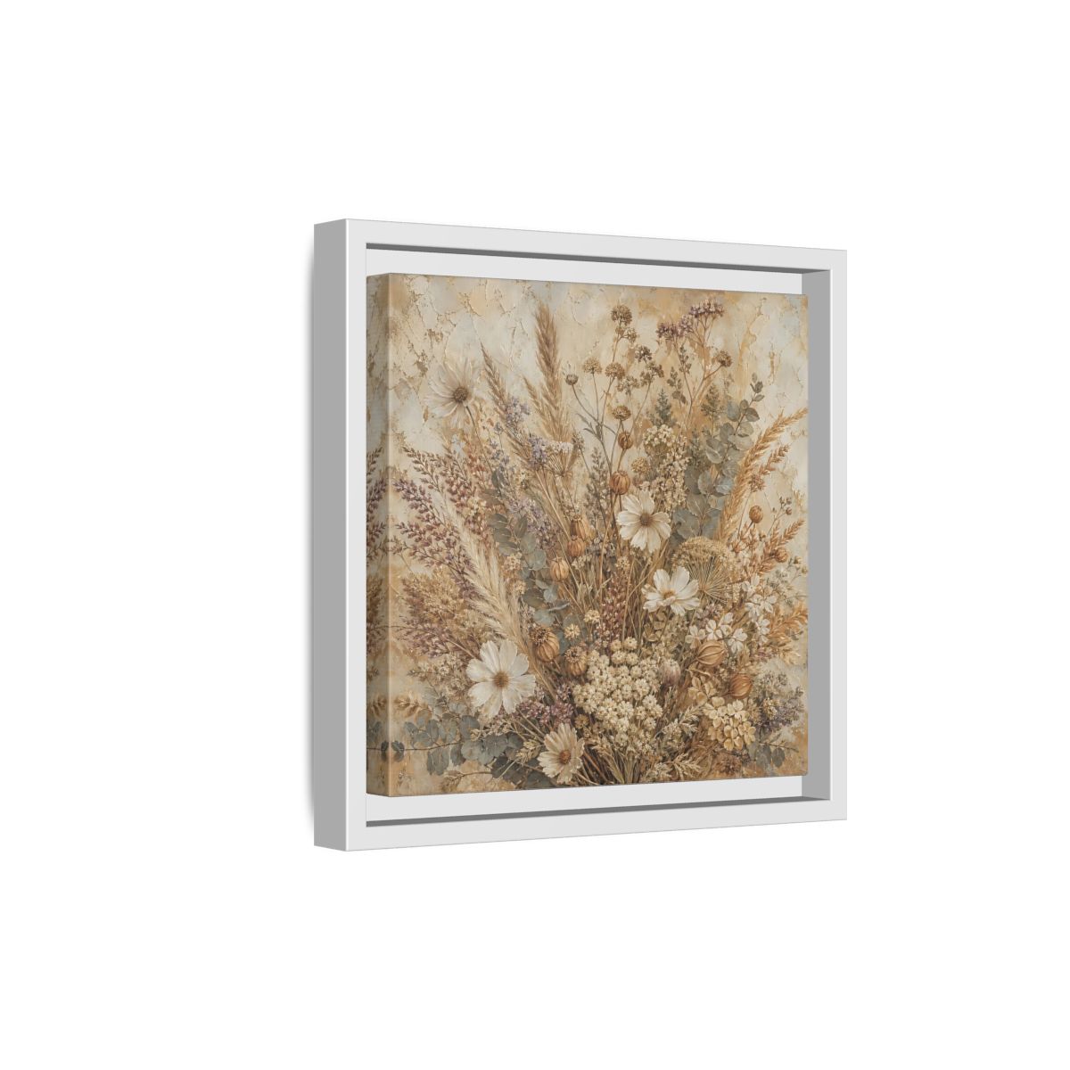 Side Mockup 19. Floral Dried Flowers Brown And Beige shown as stretched canvas wall art