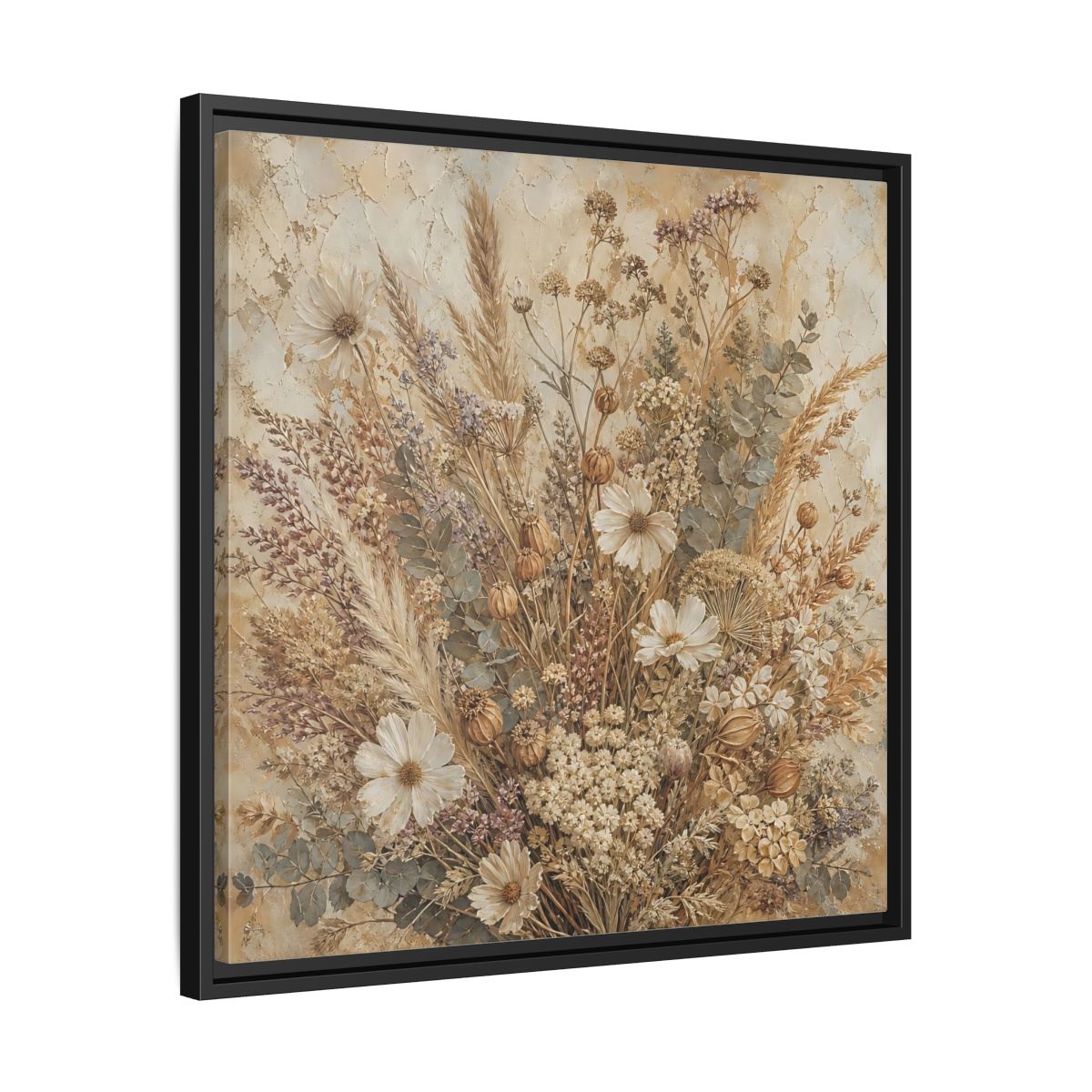 Side Mockup 31. Floral Dried Flowers Brown And Beige shown as stretched canvas wall art