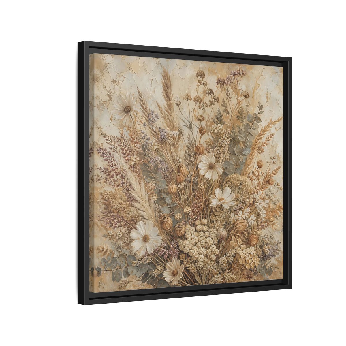 Side Mockup 12. Floral Dried Flowers Brown And Beige shown as stretched canvas wall art