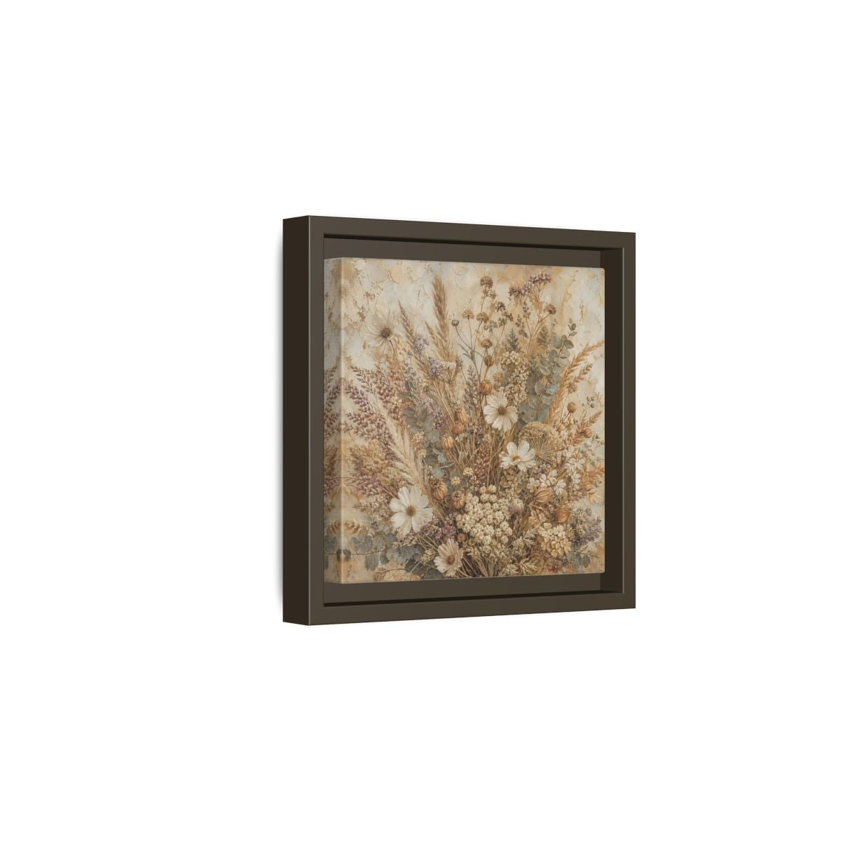 Side Mockup 2. Floral Dried Flowers Brown And Beige shown as stretched canvas wall art