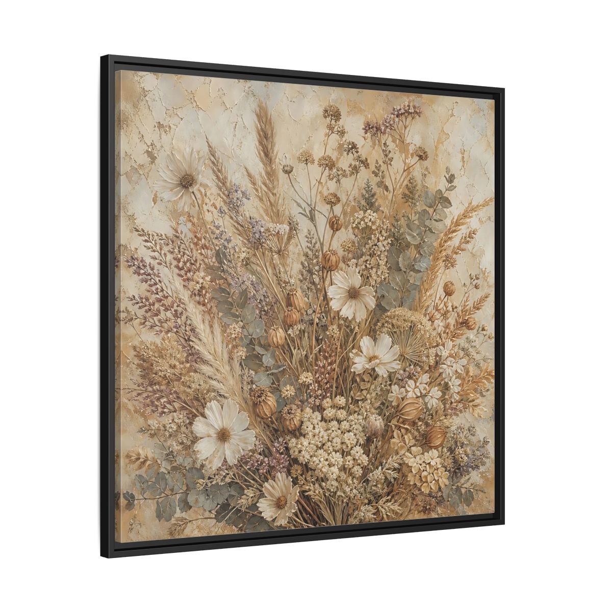 Side Mockup 30. Floral Dried Flowers Brown And Beige shown as stretched canvas wall art