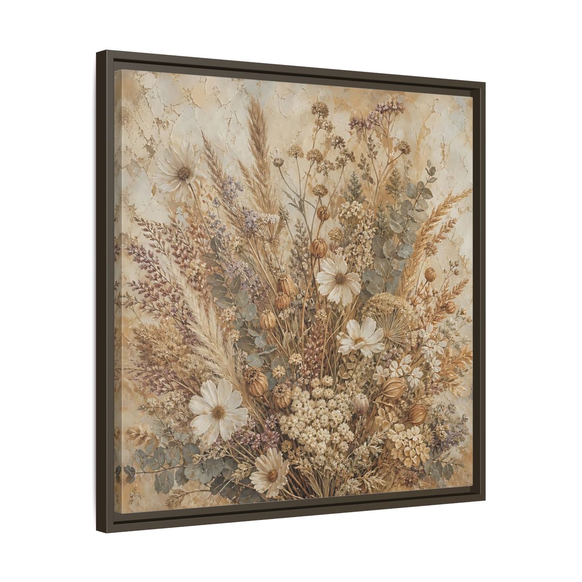 Side Mockup 27. Floral Dried Flowers Brown And Beige shown as stretched canvas wall art
