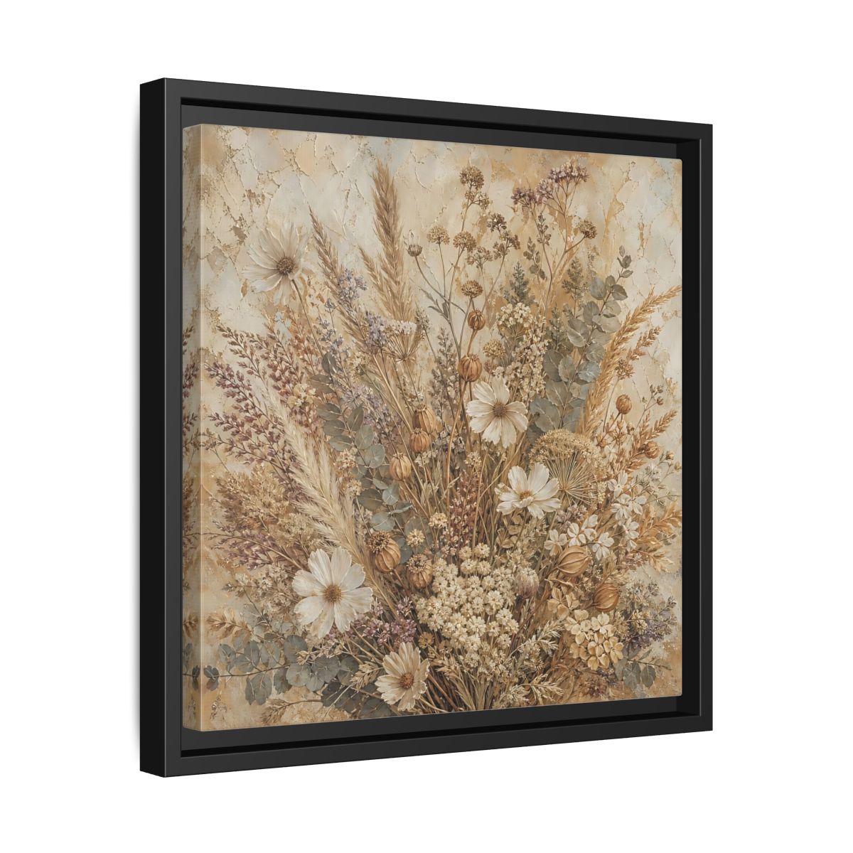 Side Mockup 32. Floral Dried Flowers Brown And Beige shown as stretched canvas wall art