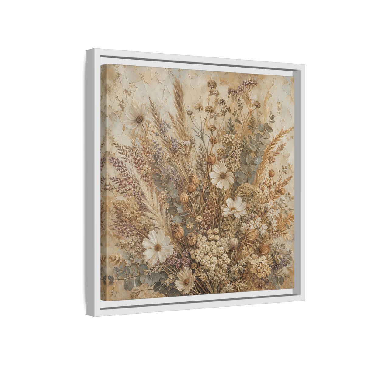 Side Mockup 13. Floral Dried Flowers Brown And Beige shown as stretched canvas wall art