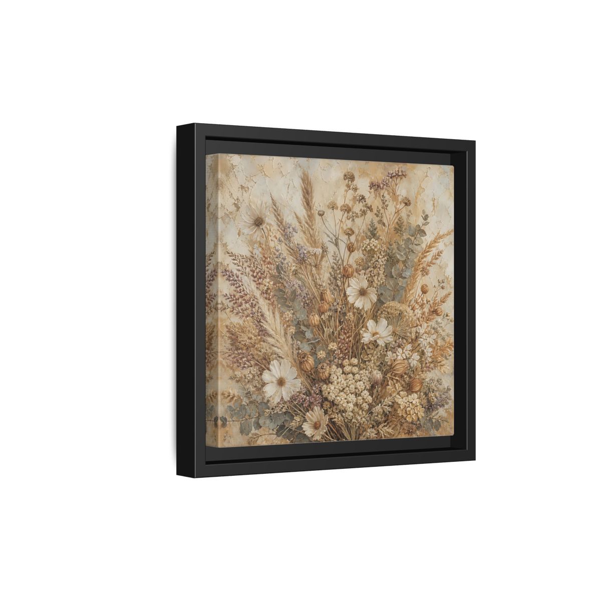 Side Mockup 21. Floral Dried Flowers Brown And Beige shown as stretched canvas wall art