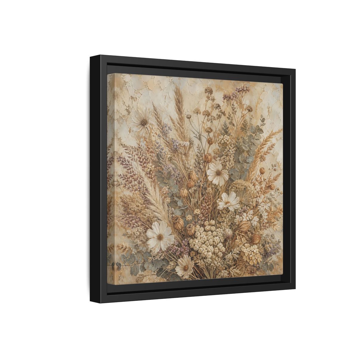Side Mockup 18. Floral Dried Flowers Brown And Beige shown as stretched canvas wall art
