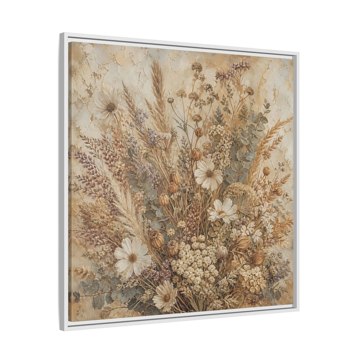 Side Mockup 25. Floral Dried Flowers Brown And Beige shown as stretched canvas wall art