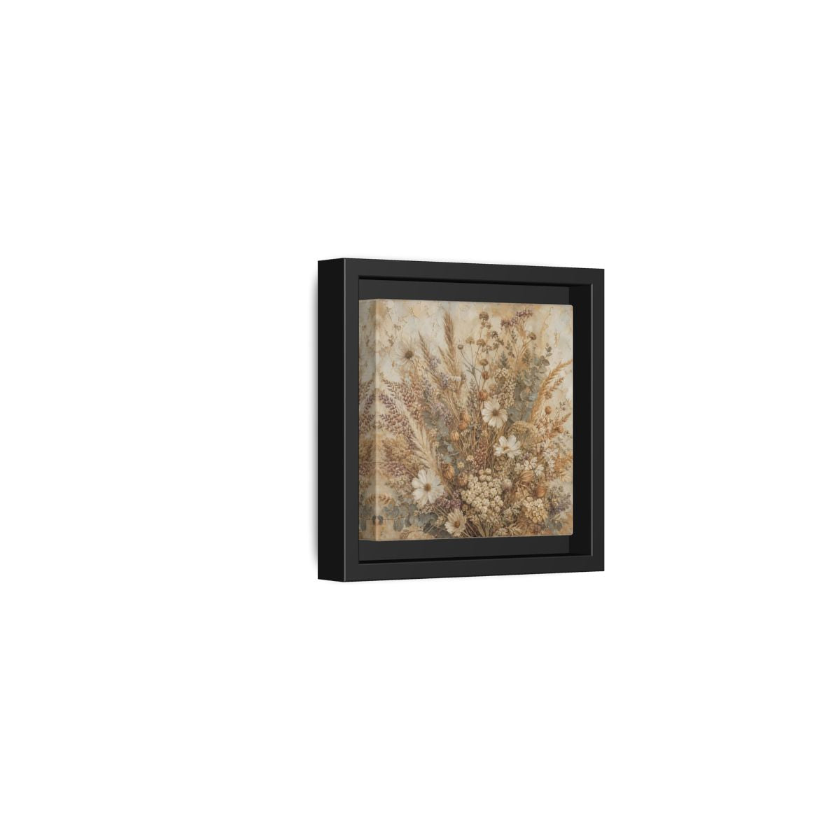 Side Mockup 24. Floral Dried Flowers Brown And Beige shown as stretched canvas wall art