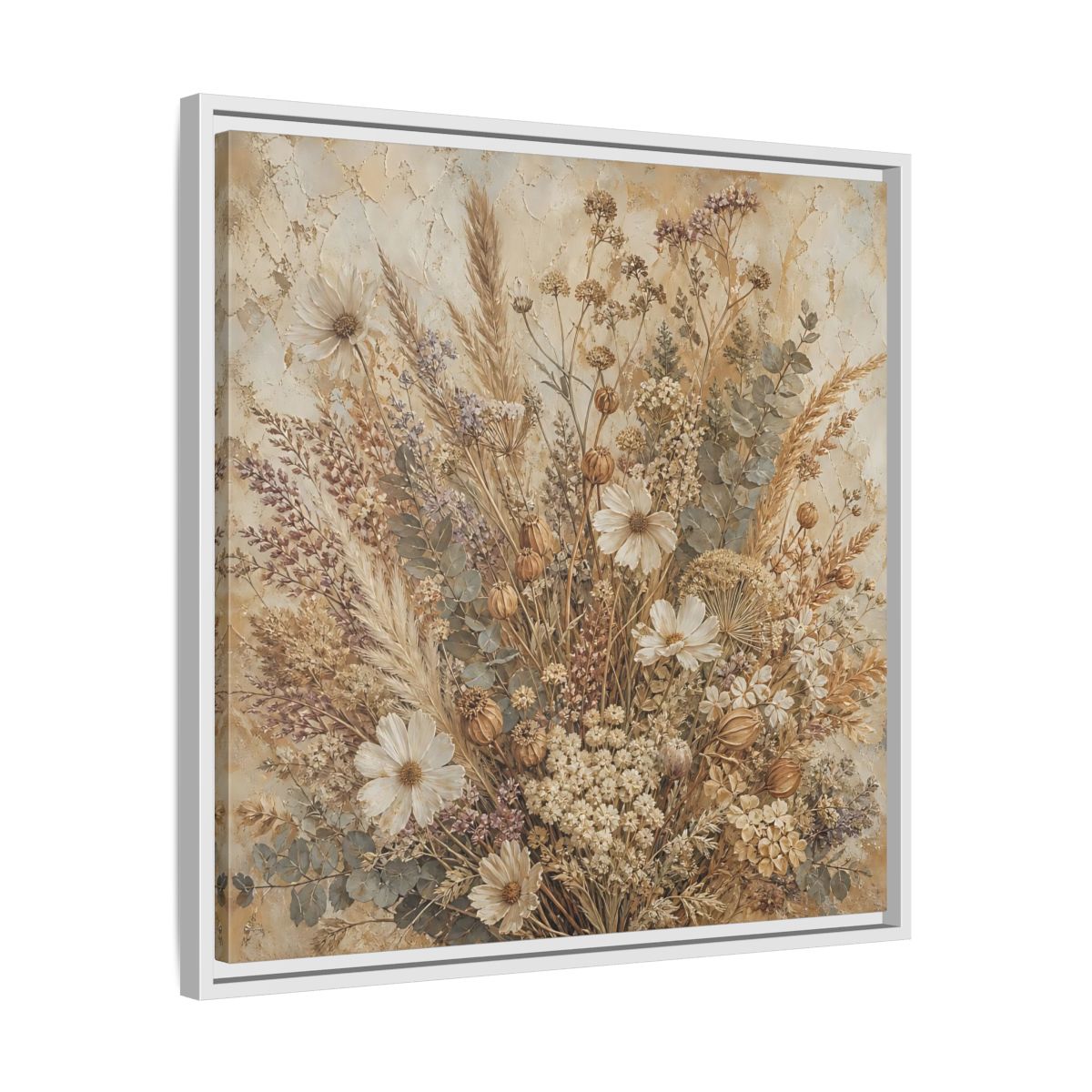 Side Mockup 26. Floral Dried Flowers Brown And Beige shown as stretched canvas wall art
