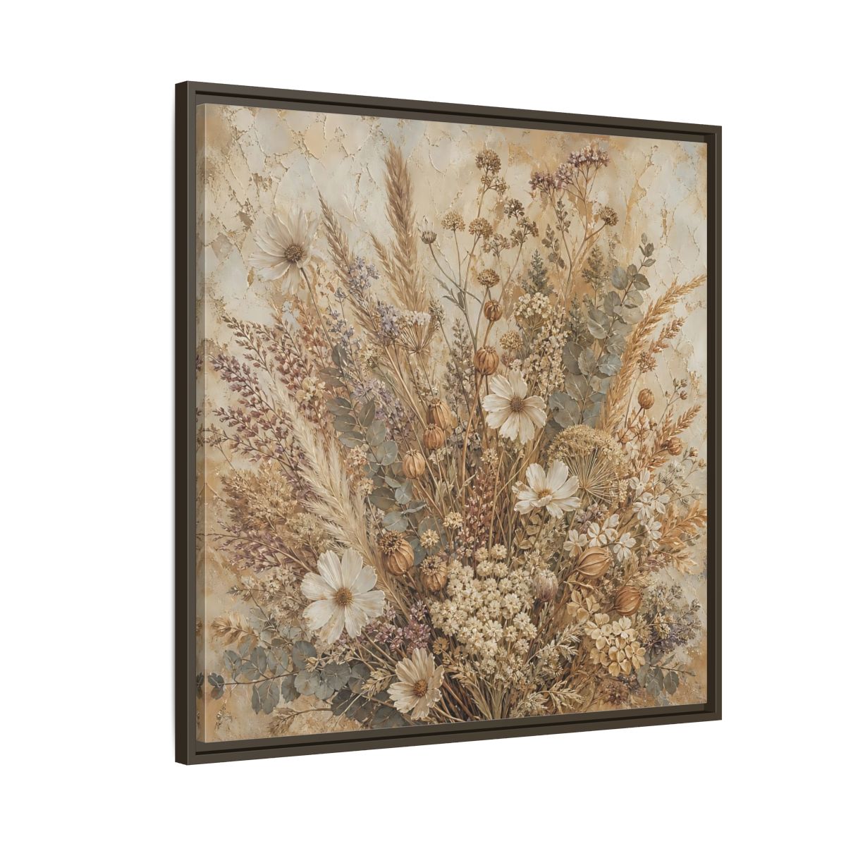 Side Mockup 8. Floral Dried Flowers Brown And Beige shown as stretched canvas wall art