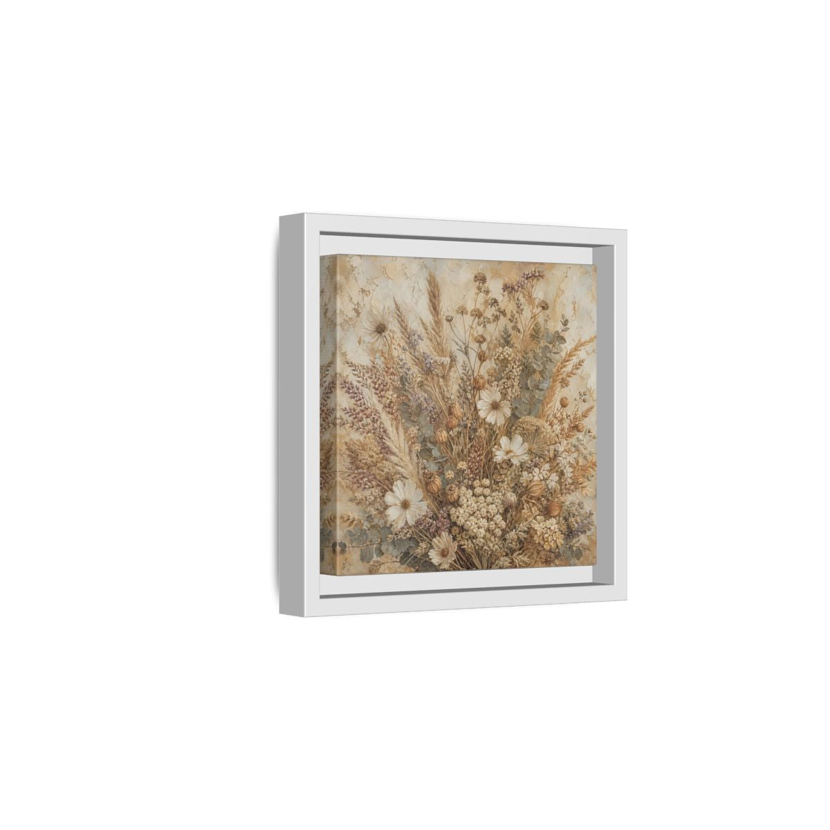 Side Mockup 1. Floral Dried Flowers Brown And Beige shown as stretched canvas wall art