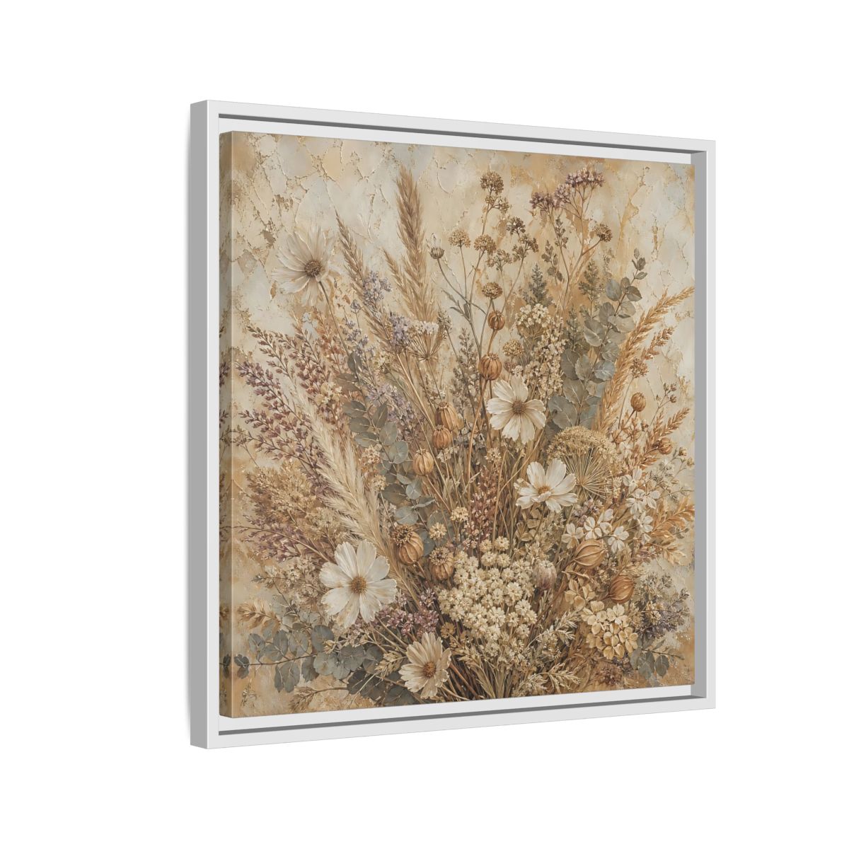 Side Mockup 10. Floral Dried Flowers Brown And Beige shown as stretched canvas wall art