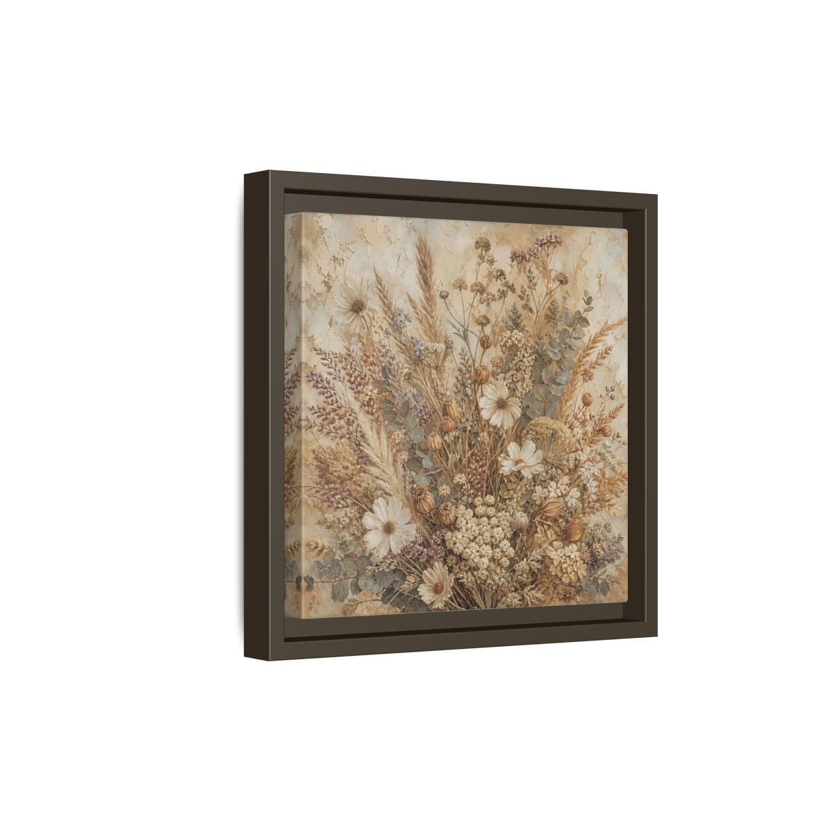 Side Mockup 20. Floral Dried Flowers Brown And Beige shown as stretched canvas wall art