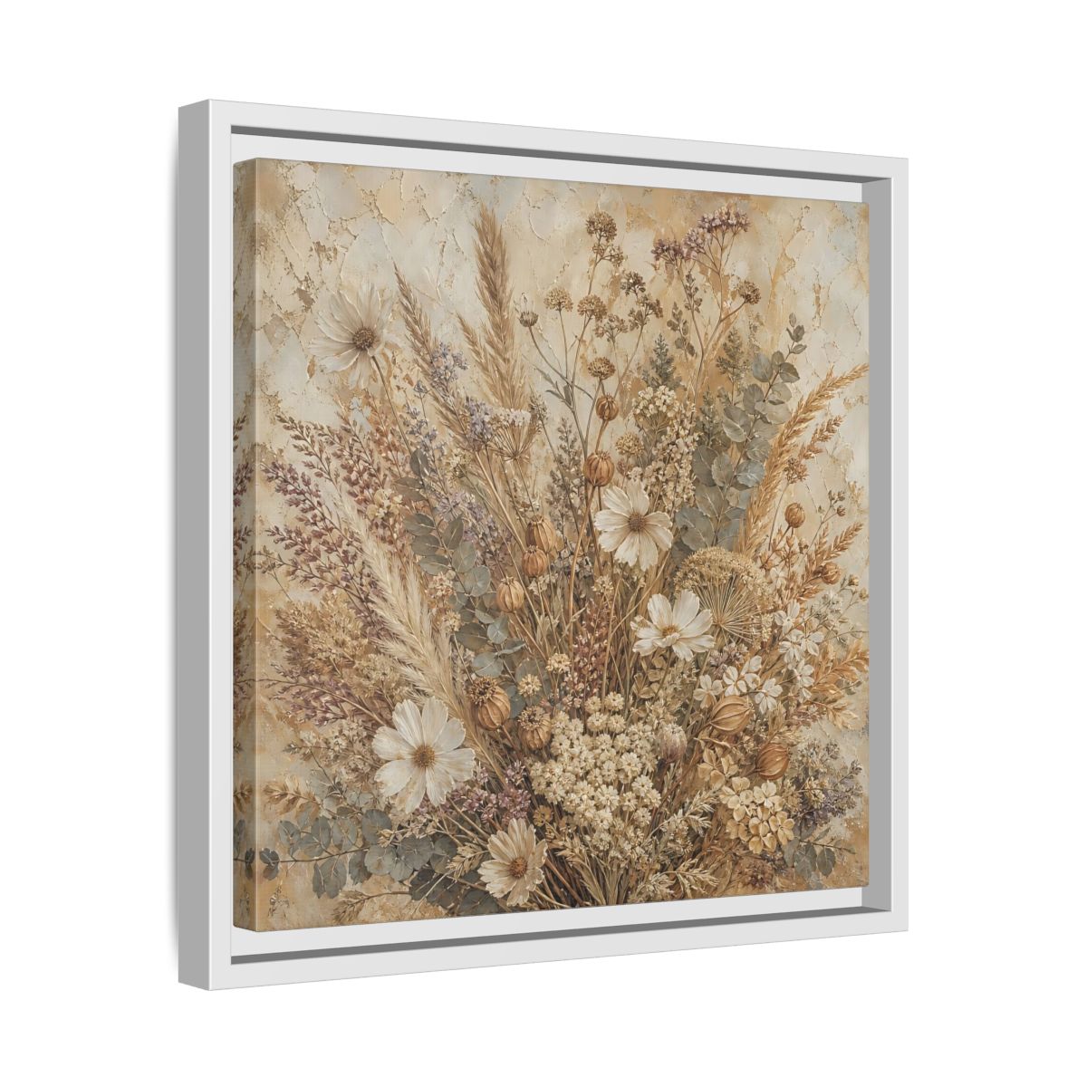 Side Mockup 28. Floral Dried Flowers Brown And Beige shown as stretched canvas wall art
